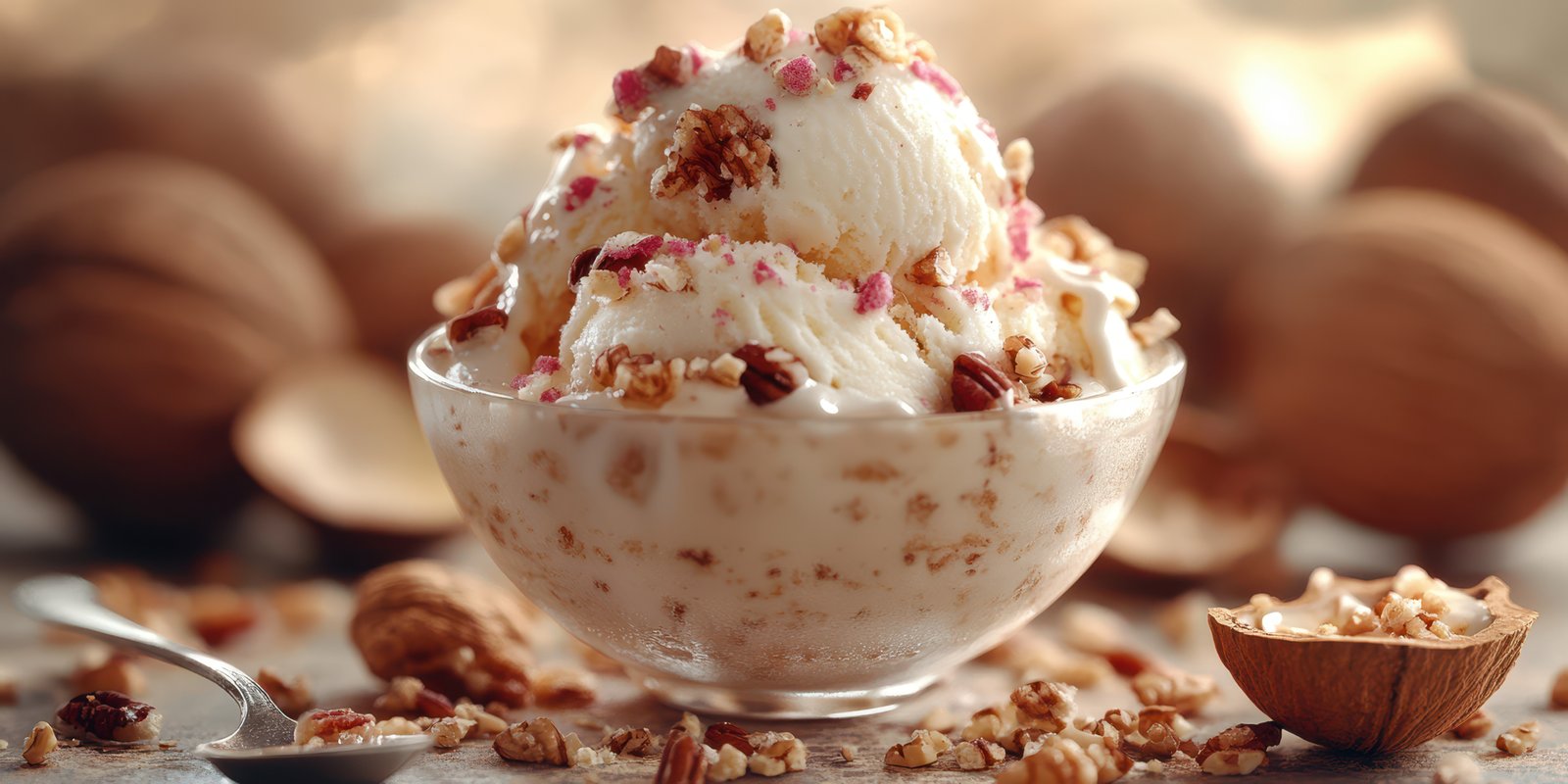 Delicious dessert with creamy ice cream, nuts, and toppings ready to be enjoyed after a meal